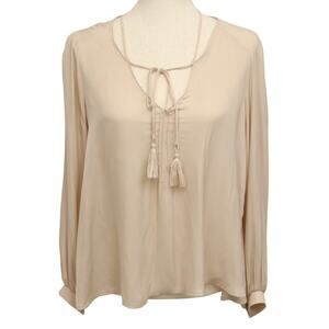 ASTR Tassel Blouse S Beige Cream V Neck Pintuck Silky Long Sleeve Office Neutral